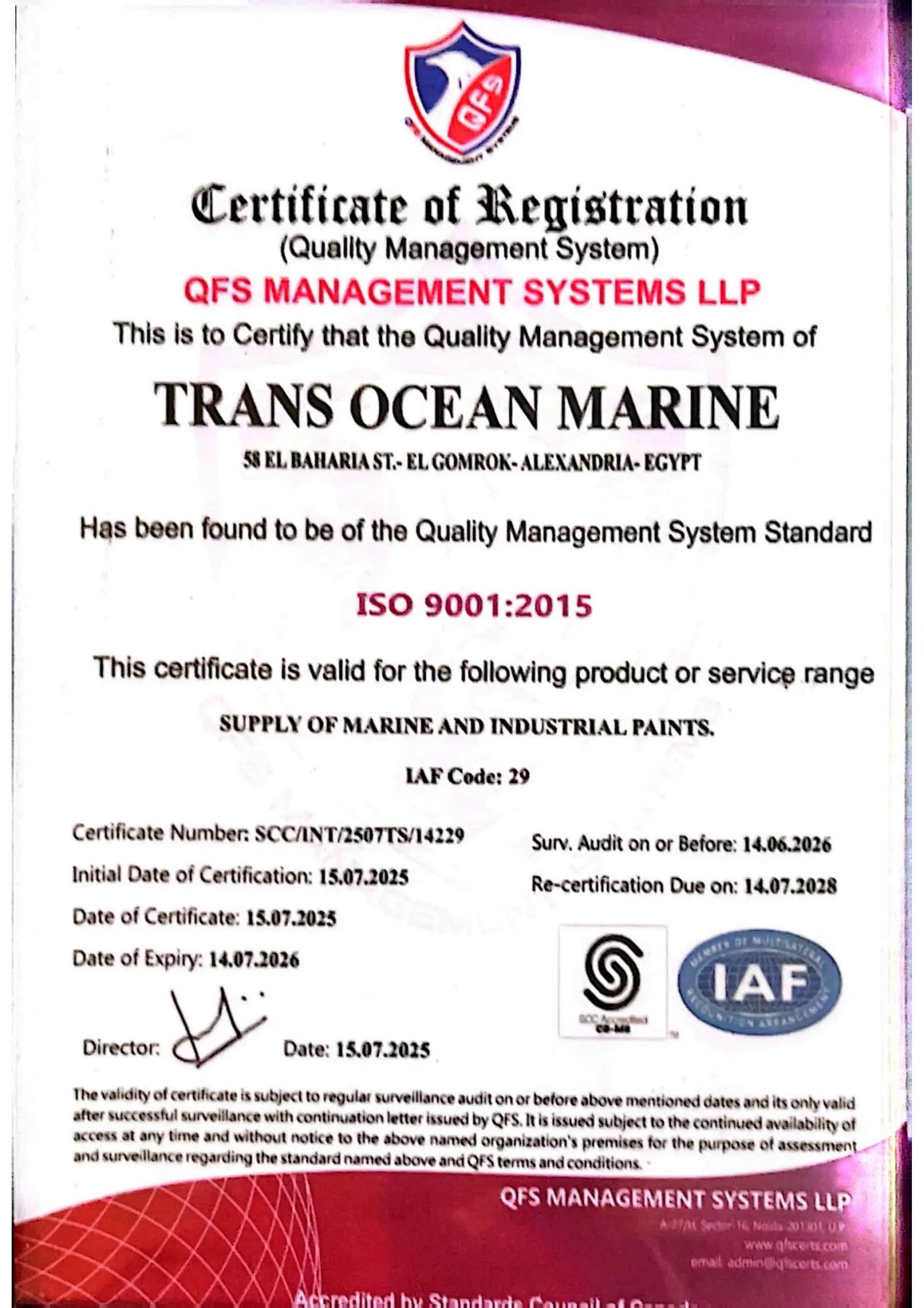 Selected preview of the company ISO 9001:2015 certificate