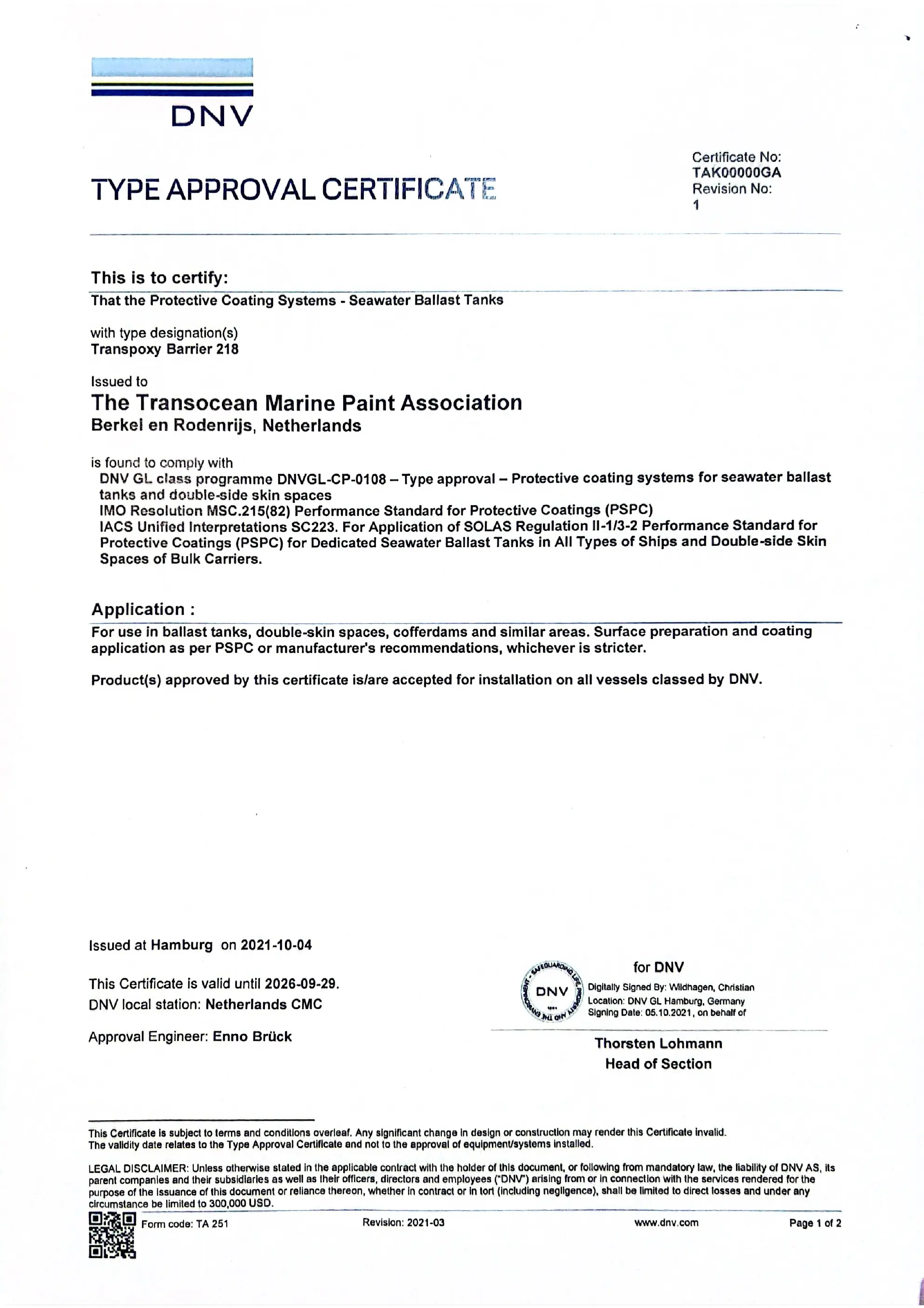 Selected DNV type-approval certificate preview for seawater ballast-tank coating systems