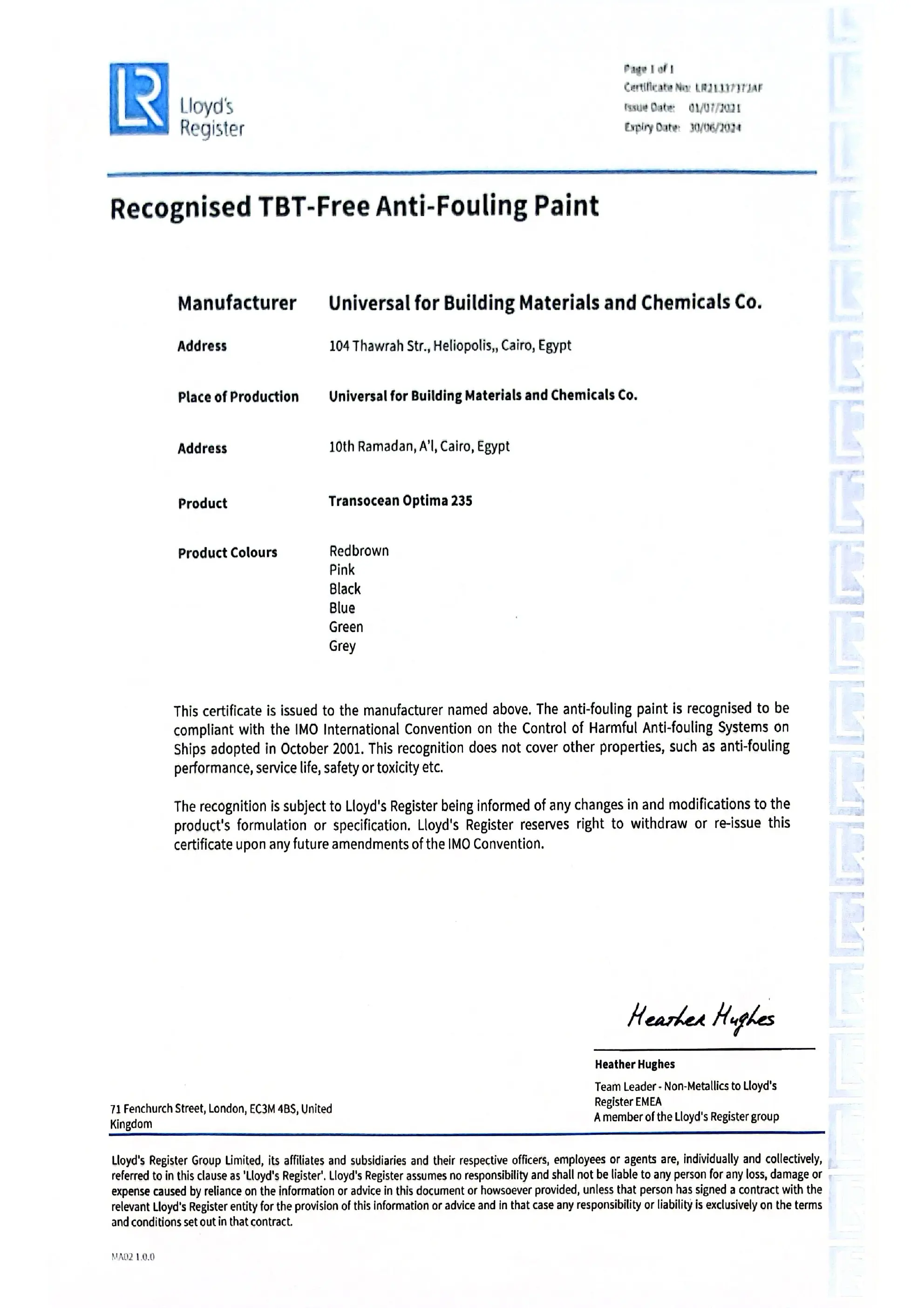 Selected Lloyd's Register product certificate preview for Transocean Optima 235